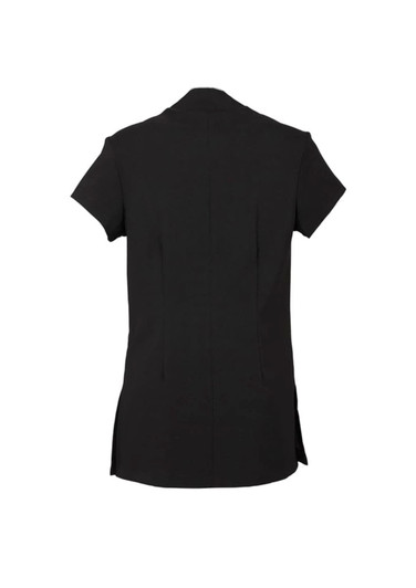 A black women's crossover tunic with short sleeves and side slits, featuring a subtle logo on the back.