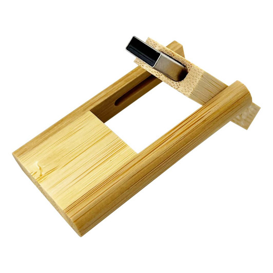 A bamboo USB flash drive with a wooden casing, featuring a sleek design and a metallic connector.