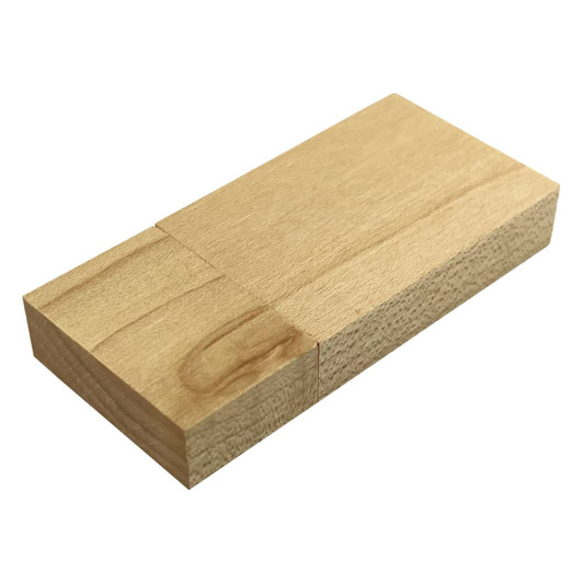 A wooden USB flash drive in a natural light wood finish, featuring a sleek rectangular design with some branding.