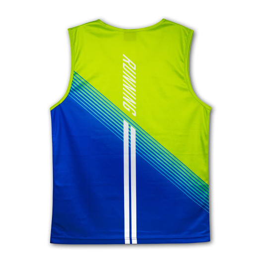 A bright green and blue men's sports singlet featuring diagonal stripes and a logo on the back.