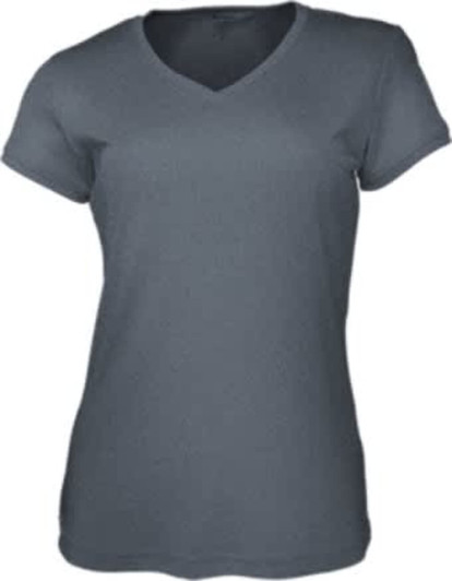 A grey ladies' V-neck tee shirt with short sleeves and a fitted design. It features a logo.
