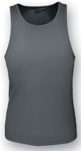 A grey ladies action back singlet with a fitted design and a logo on the front.
