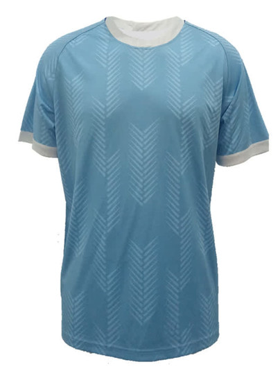 Light blue sports jersey featuring a textured design, with white accents on the sleeves and neckline. Includes a logo.