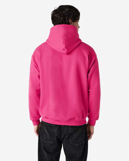 A pink hooded sweatshirt with a back view, featuring a hood and a simple design.