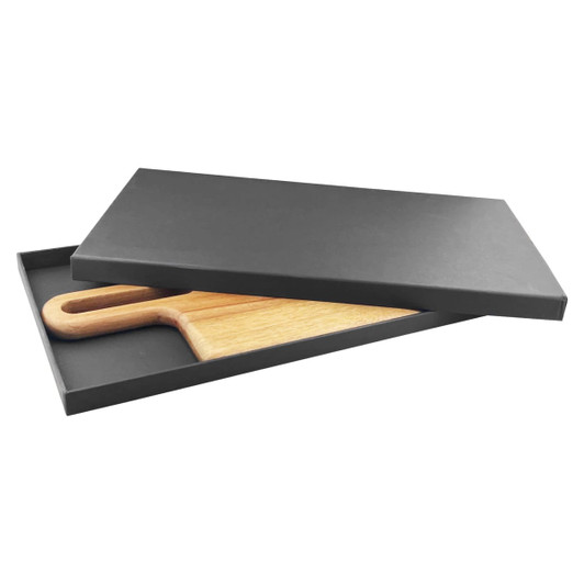 A wooden cheeseboard with a handle, presented in a sleek black box. The board features a natural finish.