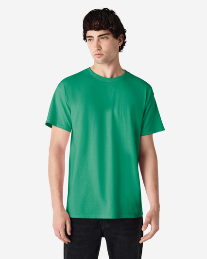 A green Gildan Ultra Cotton adult T-shirt displayed on a male model, featuring a simple crew neck design.