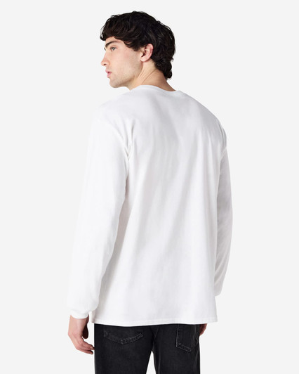 A man wearing a white Gildan Ultra Cotton adult long sleeve t-shirt, viewed from the back.