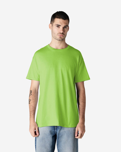 A heavy cotton adult T-shirt in vibrant lime green, featuring a logo on the front.