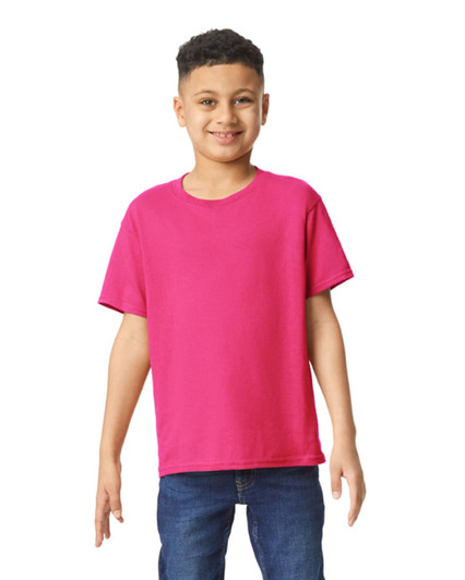 A youth t-shirt in vibrant pink, featuring a classic crew neck and short sleeves, modelled by a smiling child.