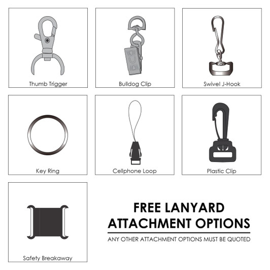 A graphic featuring various lanyard attachment options, including clips, rings, and a safety breakaway.