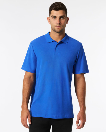 A blue Gildan Softstyle Adult Double Pique Polo, featuring a collared neckline and short sleeves. It has a logo on the chest.