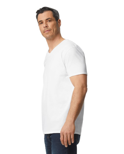 A man wearing a white Gildan Softstyle adult v-neck t-shirt, standing in profile against a plain background.