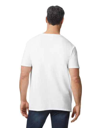 A white Gildan Softstyle adult V-neck T-shirt displayed from the back, featuring a simple design and no visible logo.