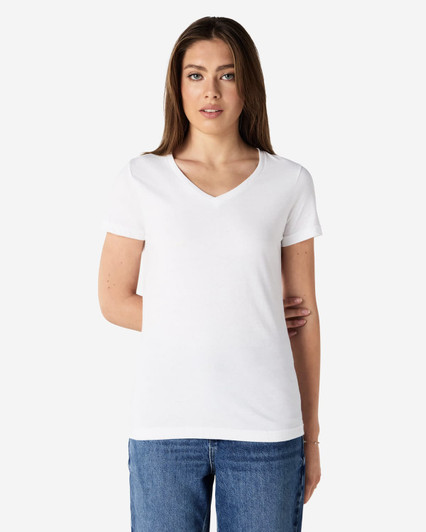 A white ladies' V-neck t-shirt displayed on a model, featuring a comfortable fit and short sleeves.