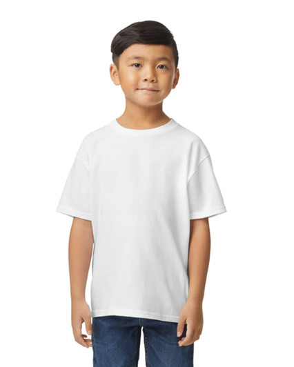 A white Gildan Softstyle youth midweight t-shirt displayed on a child, with a branding logo visible.