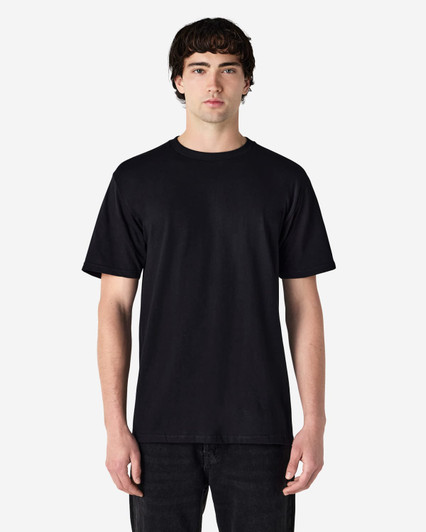 A plain black adult t-shirt with short sleeves and a crew neckline, featuring a logo on the front.