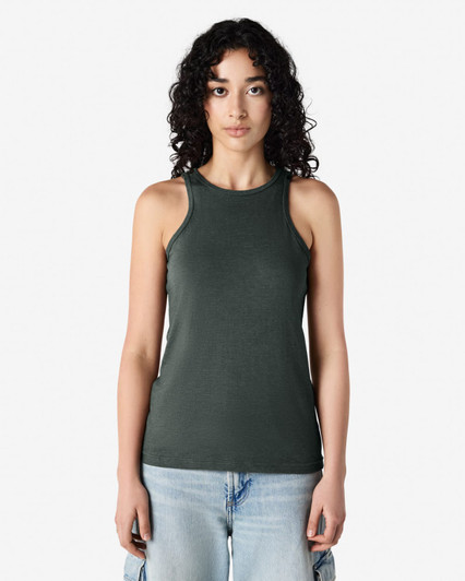 A dark green women's racerneck tank top with a fitted design, featuring a logo.