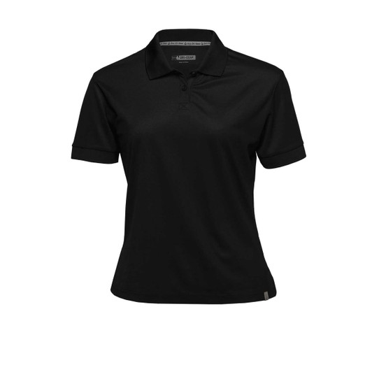 A women's black polo shirt with short sleeves, featuring a collar and a logo on the side.