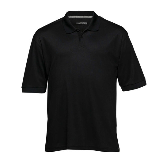 A black polo shirt with short sleeves and a collar, featuring a logo on the front.