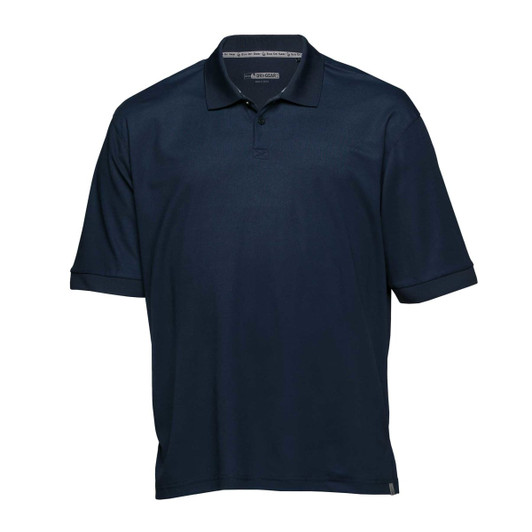 A navy blue polo shirt with short sleeves and a collar, featuring a logo on the fabric.