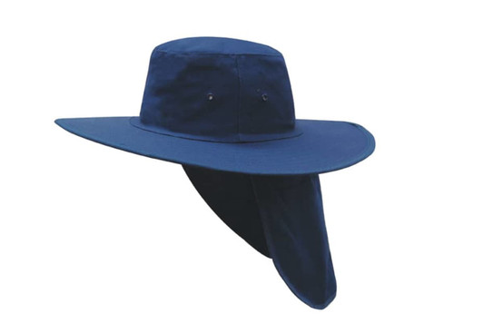 A navy blue canvas sun hat with a wide brim and a neck flap, featuring a logo.