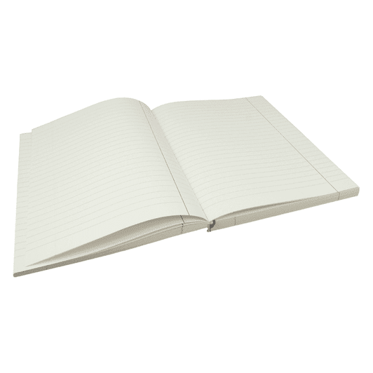 An open cream-coloured notebook with lined pages, featuring a visible spine and a plain cover.
