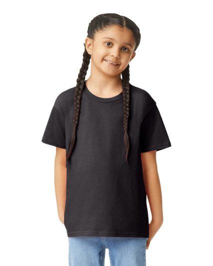 A black youth short sleeve t-shirt with a relaxed fit, displayed on a child with braided hair.