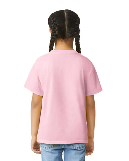 A pink Gildan Youth Softstyle Short Sleeve T-shirt displayed from the back, showcasing its simple design.