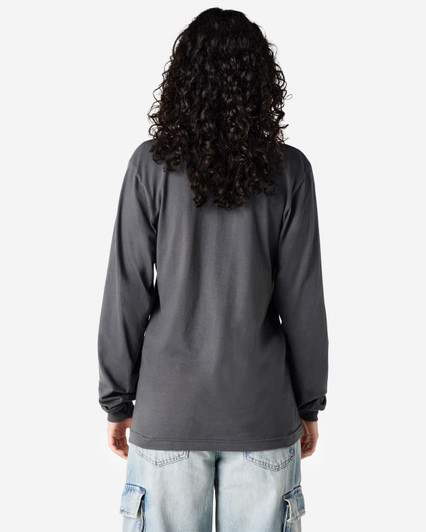 A long-sleeve grey T-shirt made from fine jersey material, featuring a simple design and a logo on the back.