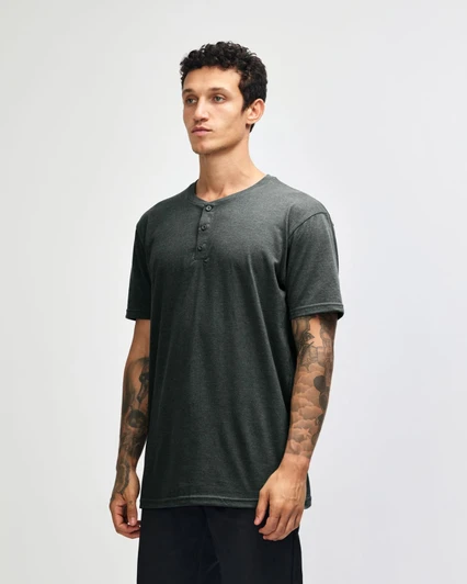 A unisex Henley T-shirt in dark grey, featuring a three-button placket and a relaxed fit.