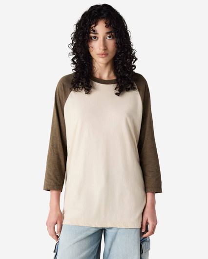 A unisex raglan T-shirt featuring a cream body with olive green sleeves, along with a logo on the front.