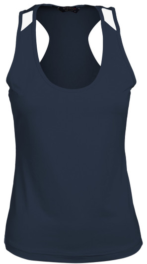 A navy blue ladies' singlet featuring a sleeveless design and a logo. Suitable for sports activities.