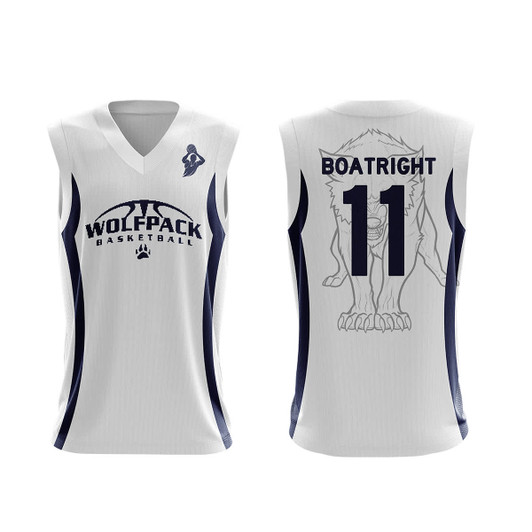 A white basketball singlet featuring navy accents and a lion graphic on the back, with a logo and number 11.