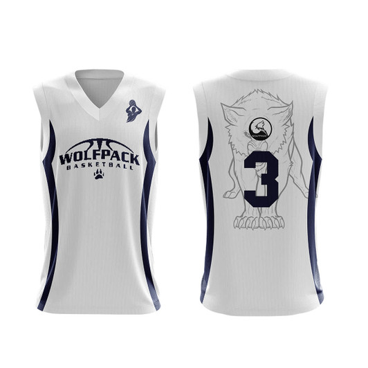 A white basketball singlet featuring a logo, a wolf graphic on the back, and the number three on it.