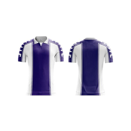 A purple and white polo soccer jersey featuring a logo and unique sleeve design.