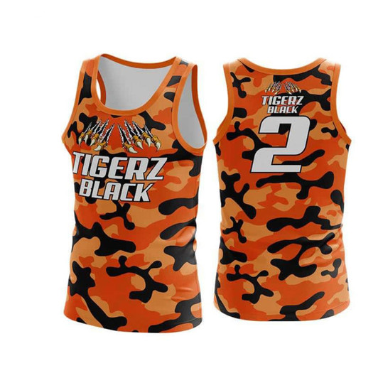 A sports singlet featuring a vibrant orange camouflage pattern with a logo and the number 2 on the back.