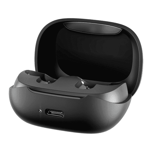 A black earbud charging case with two earbuds inside and a USB-C port at the bottom.