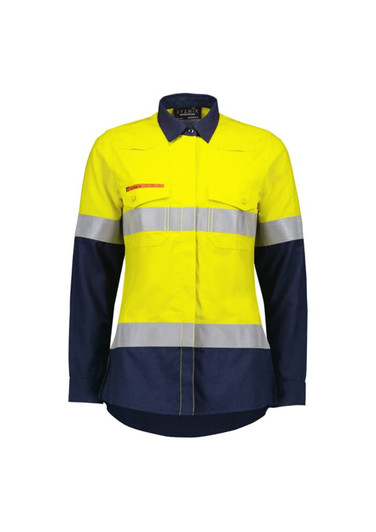 A lightweight, long-sleeve work shirt in fluorescent yellow and navy with reflective tape and a logo.