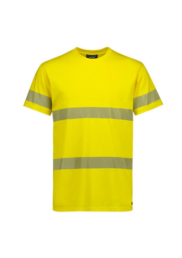 A bright yellow cotton tee shirt with segmented reflective tape across the chest and sleeves, featuring a logo.