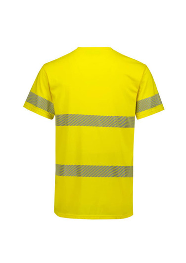 A bright yellow men's tee shirt with segmented reflective tape across the chest and back. It has a logo on the front.