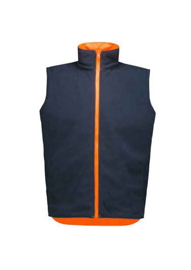 A unisex reversible vest featuring a navy exterior and bright orange interior, with a zip closure and a logo.
