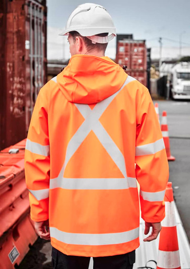 An orange waterproof jacket with reflective stripes and a hood, worn by a person facing away. It has a logo on the back.