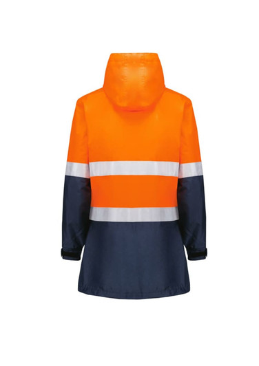 A women's waterproof jacket in high visibility orange and navy, featuring reflective stripes and a hood.