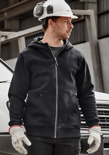 A black unisex zip front hoodie with multiple pockets, worn by a man in a hard hat and gloves, standing near a vehicle.