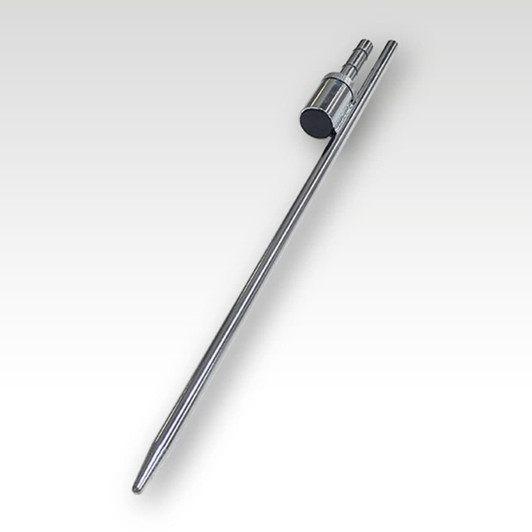 A metal pole with a pointed end and a connector, designed for use with a feather flag kit.
