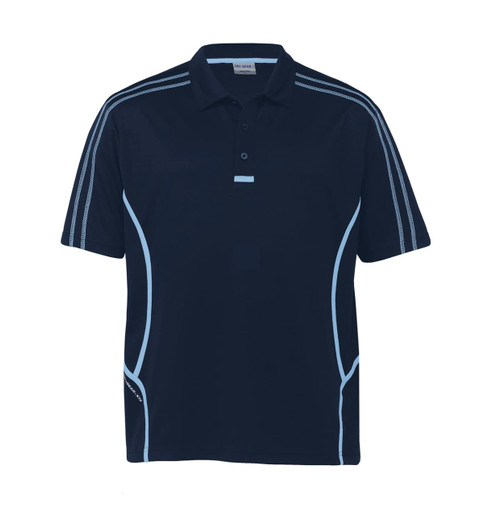 A navy polo shirt featuring contrasting light blue stripes and a logo on the side.