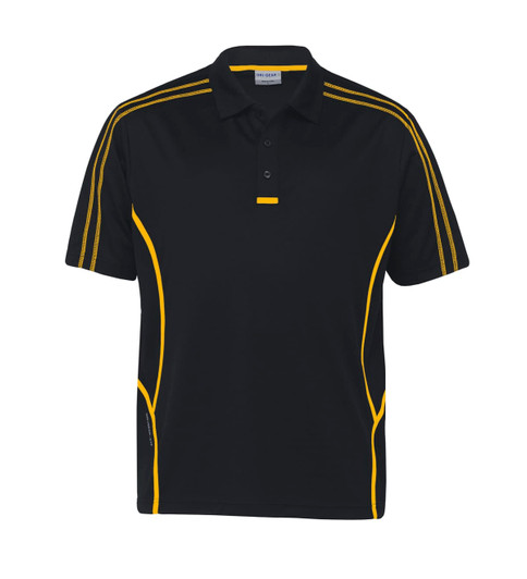 A black polo shirt featuring yellow accents along the sides and collar, with a logo present.