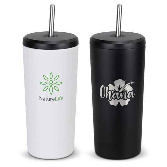 A drink bottle featuring a white exterior with a logo and a black exterior with a floral design, both with straws.