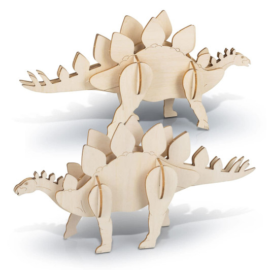 A wooden model of a Stegosaurus in a natural finish, featuring distinctive spiky plates along its back.