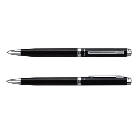 A black pen and pencil set featuring a sleek design with silver accents and a logo.